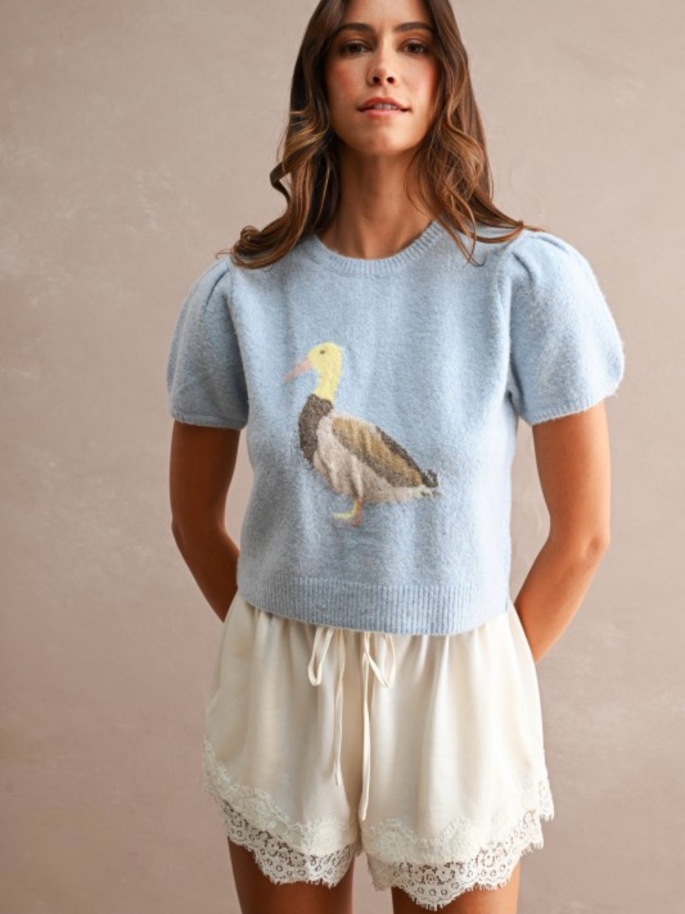 A724. Light Blue Puff-Sleeve Cropped Sweater with Duck Jacquard - Picture 4 of 7